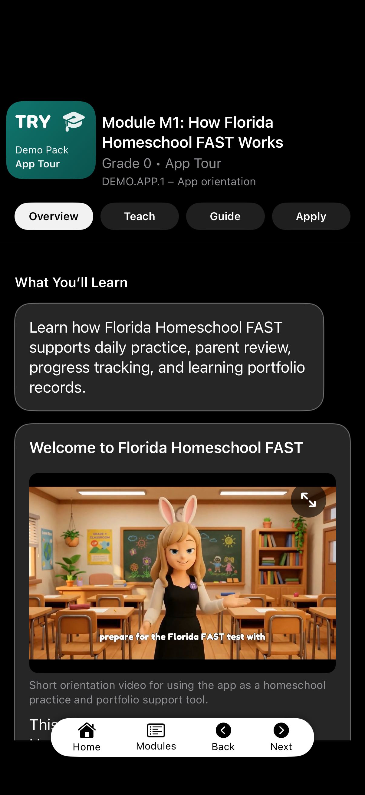 Florida Homeschool FAST module overview with an introductory video