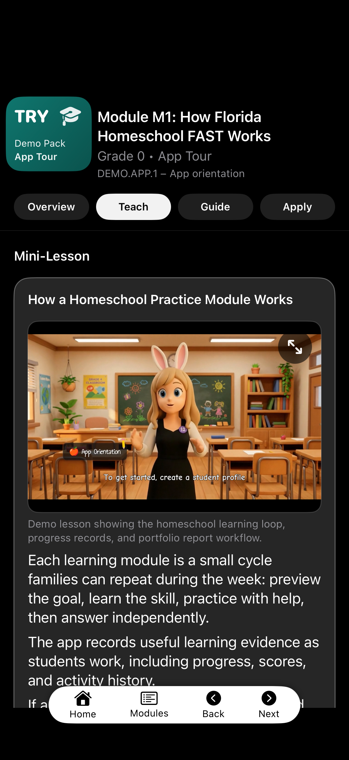 Teach screen with mini-lesson video
