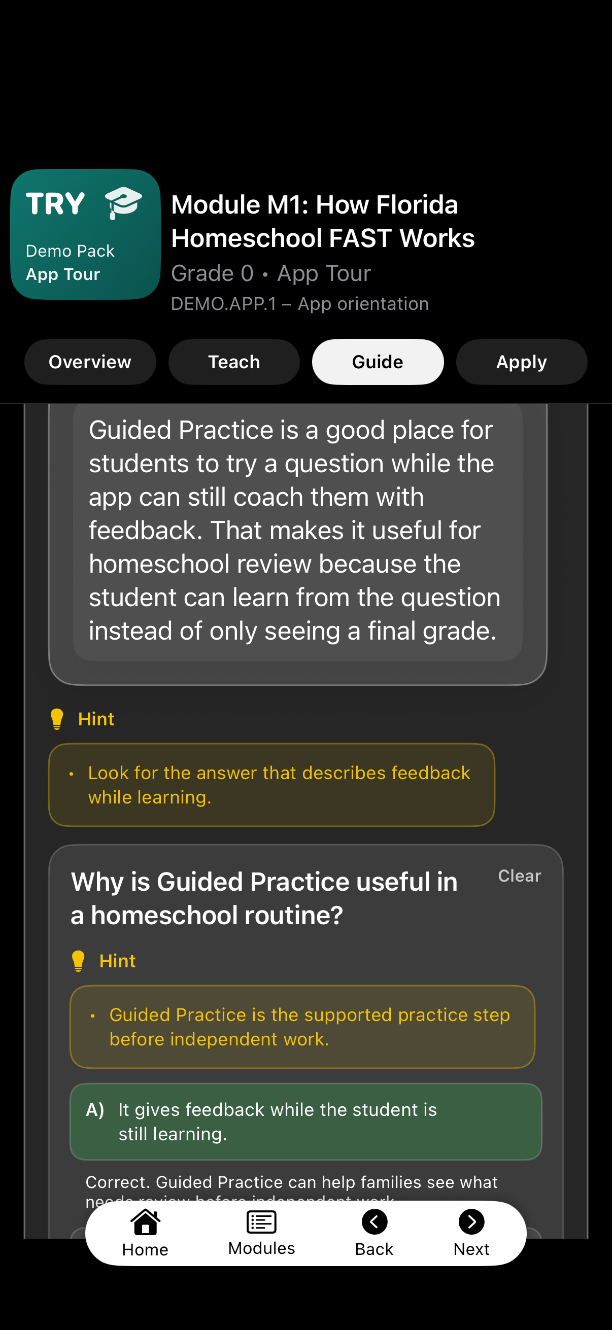 Guided practice screen with hint and correct answer feedback