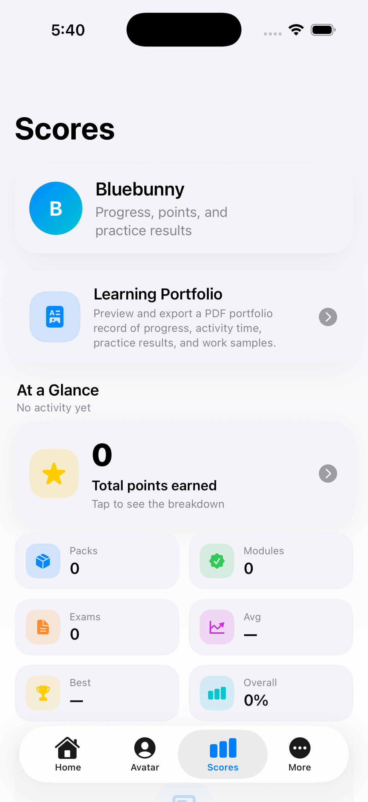Scores screen with Learning Portfolio access